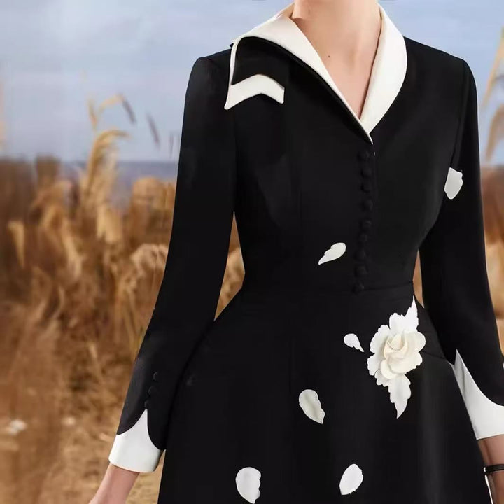 Embroidered applique a-line dress black and white color clash design asymmetric neckline dress sub