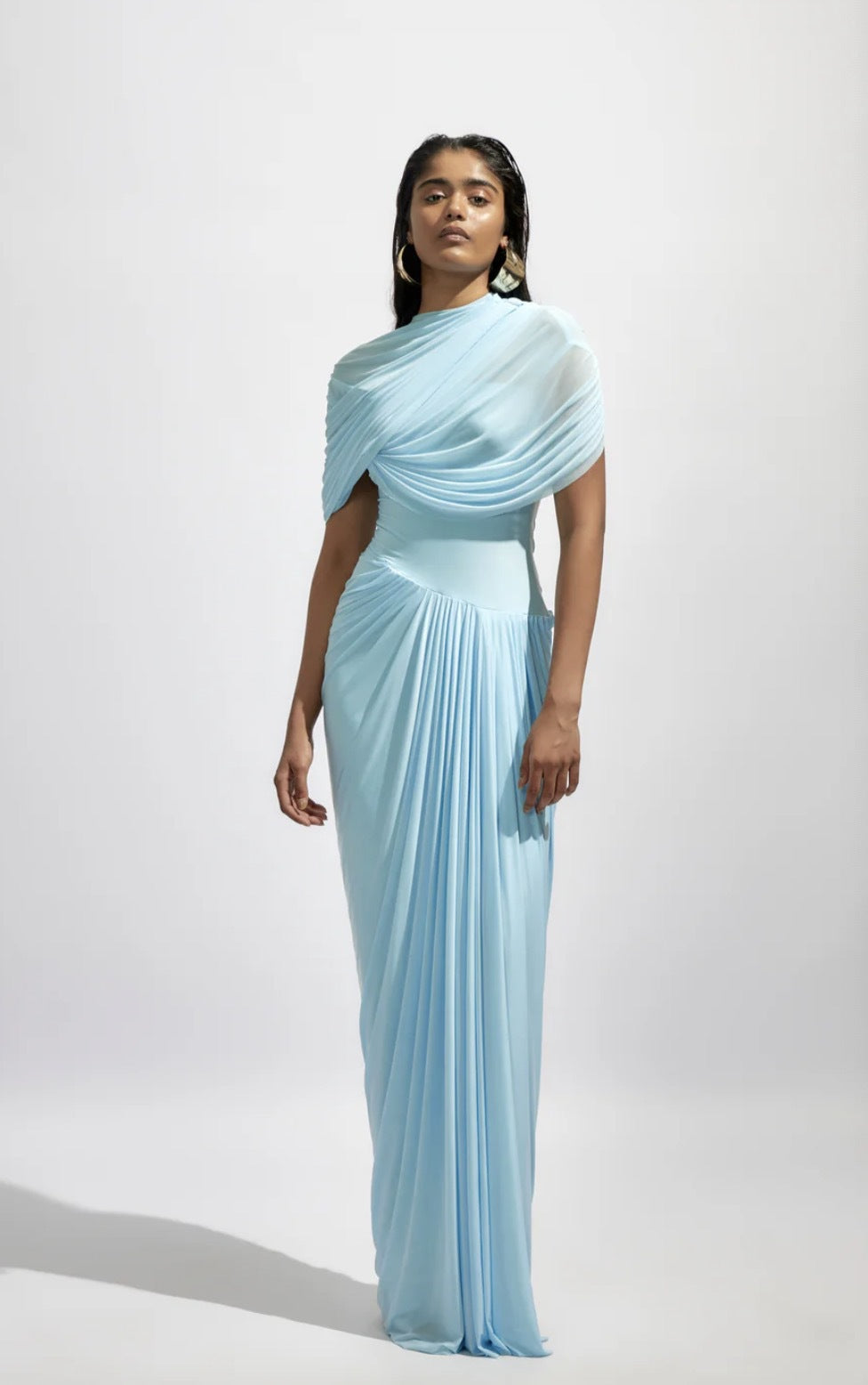 Elegant Blue Pleated Formal Dress
