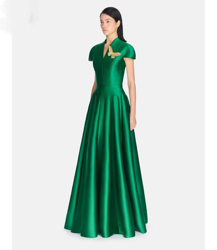 V-neck Crepe Fitted Waist Dress - Green