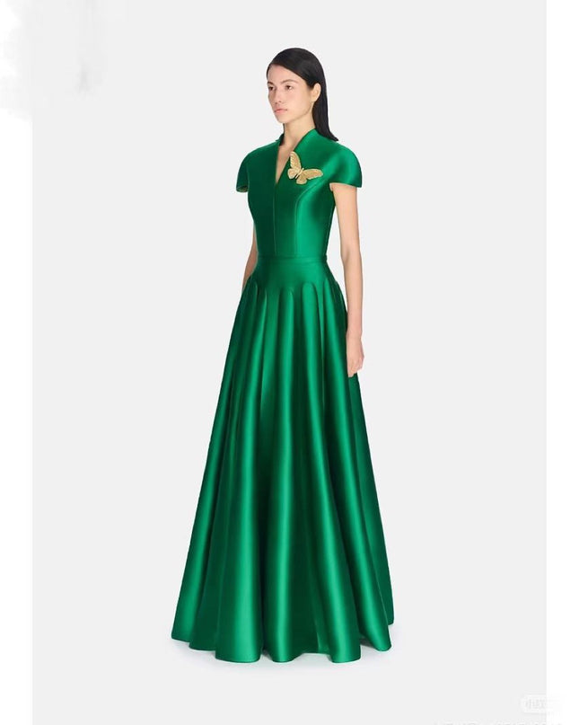 V-neck Crepe Fitted Waist Dress - Green
