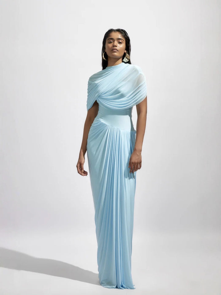 Elegant Blue Pleated Formal Dress