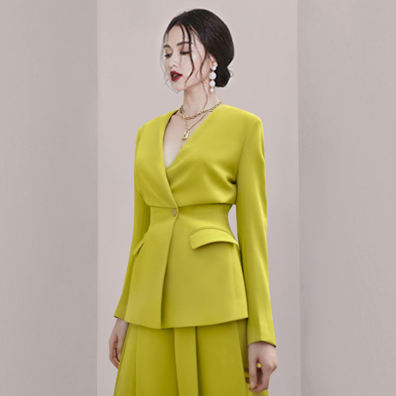 Elegant Green Dress Suit Set 2024 | V-Neck Women's Outfit