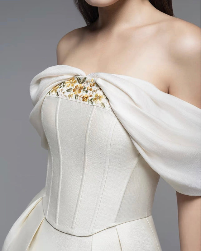 Off Shoulder Crepe Floor-Length Dress - White