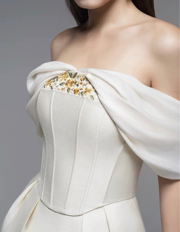 Off Shoulder Crepe Floor-Length Dress - White