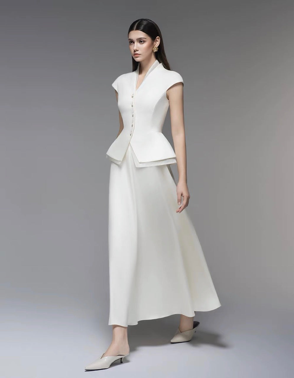 Ruffled Crepe Maxi Dress - White