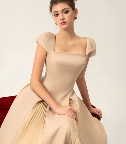 Cinched Crepe Pleated Dress - apricot