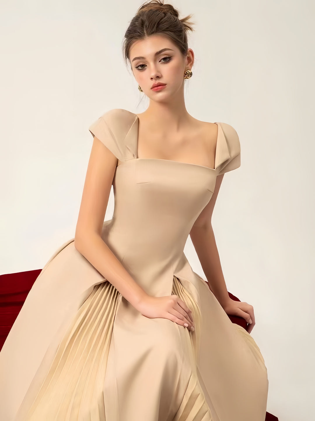 Cinched Crepe Pleated Dress - apricot