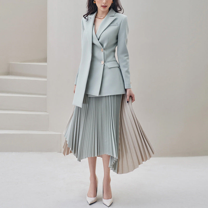 Elegant Dress with Pleated Hem & Blazer | Autumn Fashion