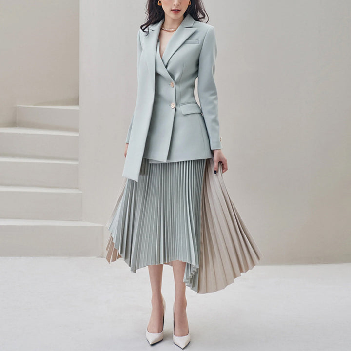 Elegant Dress with Pleated Hem & Blazer | Autumn Fashion