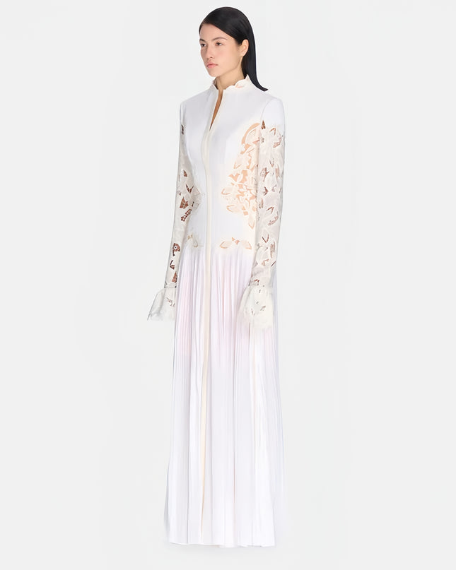 High-Neck Lace Pleated Dress - White