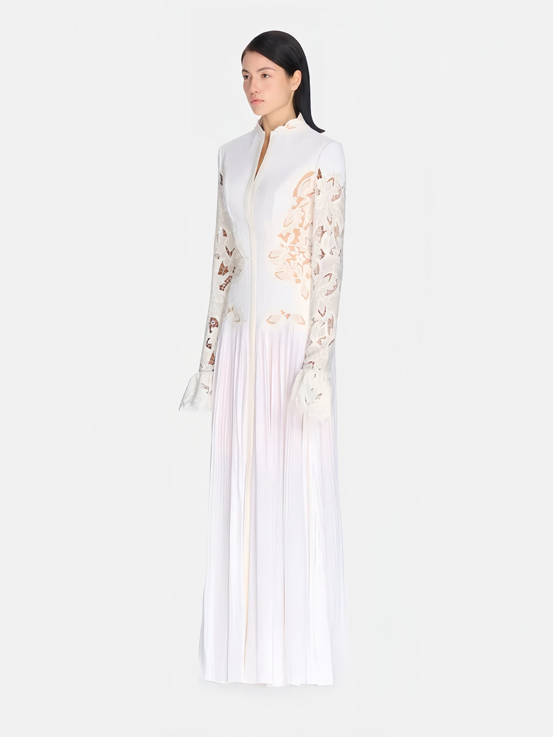High-Neck Lace Pleated Dress - White