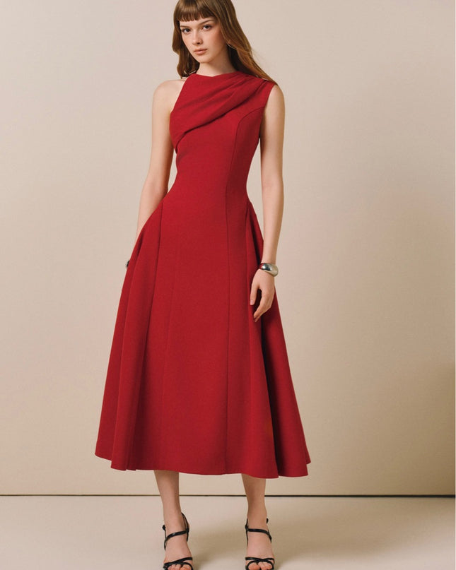 Off Shoulder Crepe Midi Dress - Red