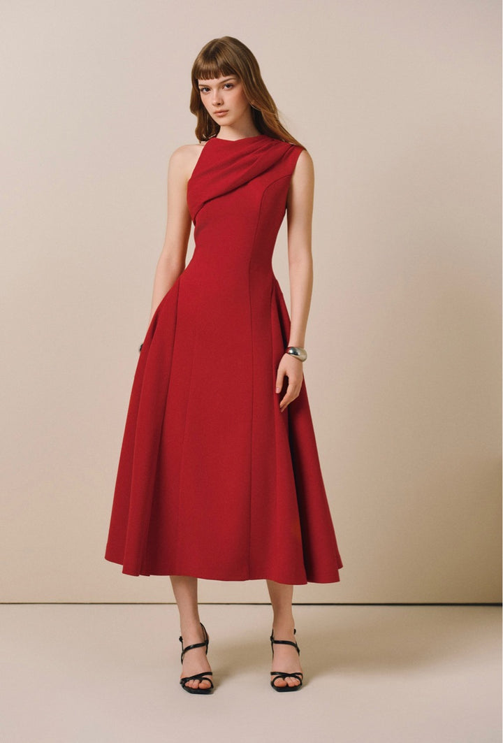 Off Shoulder Crepe Midi Dress - Red