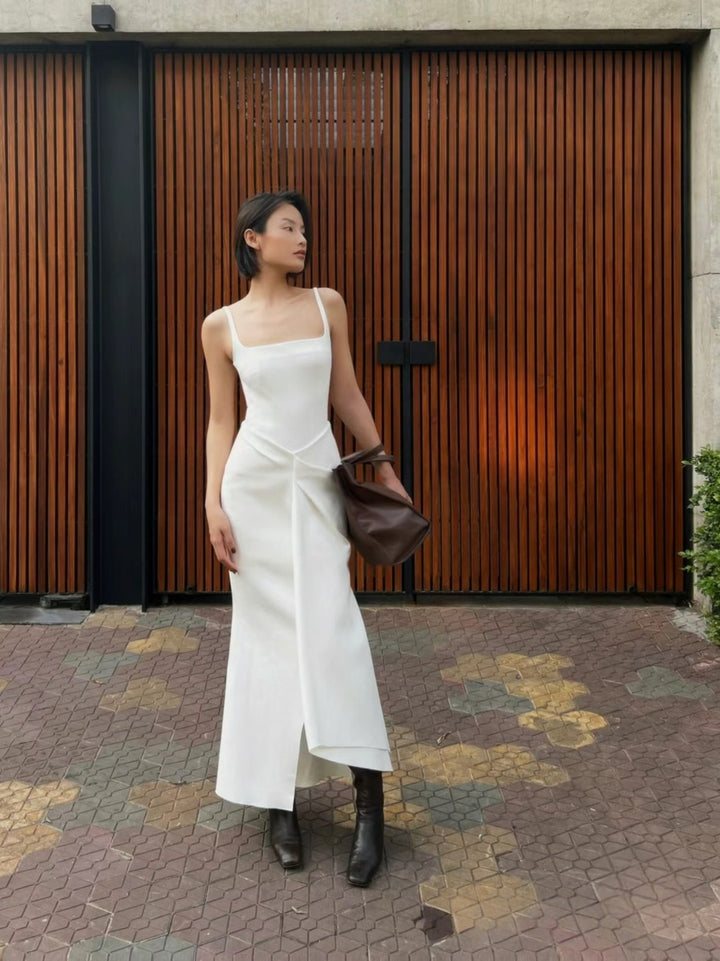 Off Shoulder Crepe Maxi Dress-Khaki