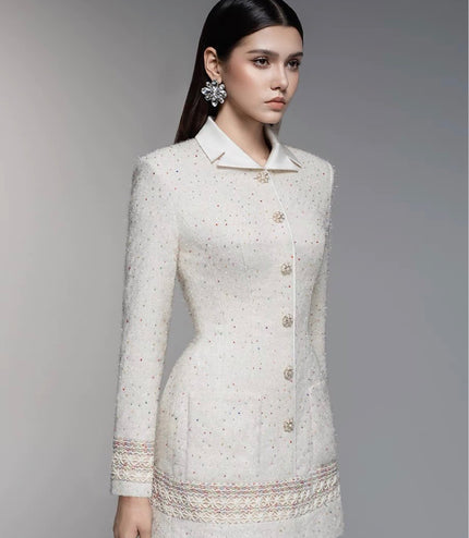 Lace-trimmed Flannel A-line Dress - White