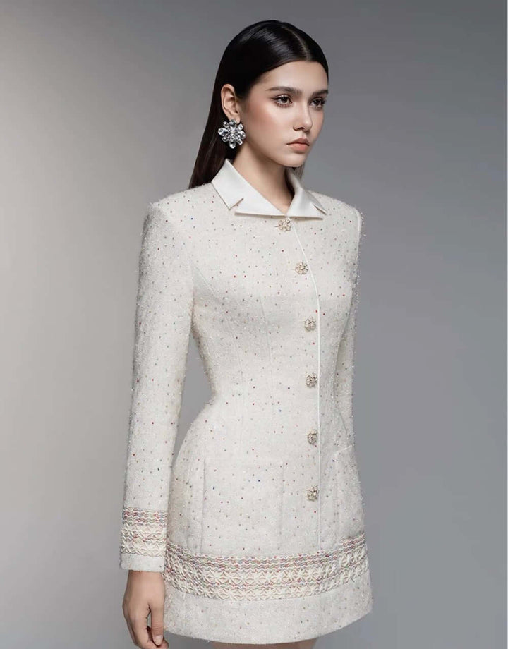 Lace-trimmed Flannel A-line Dress - White