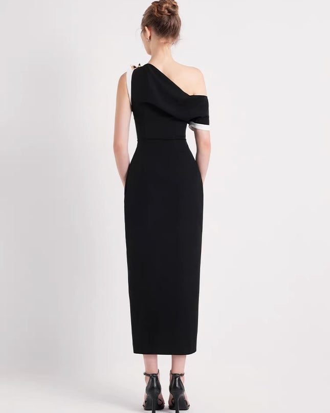 One Shoulder Crepe Maxi Dress - Black