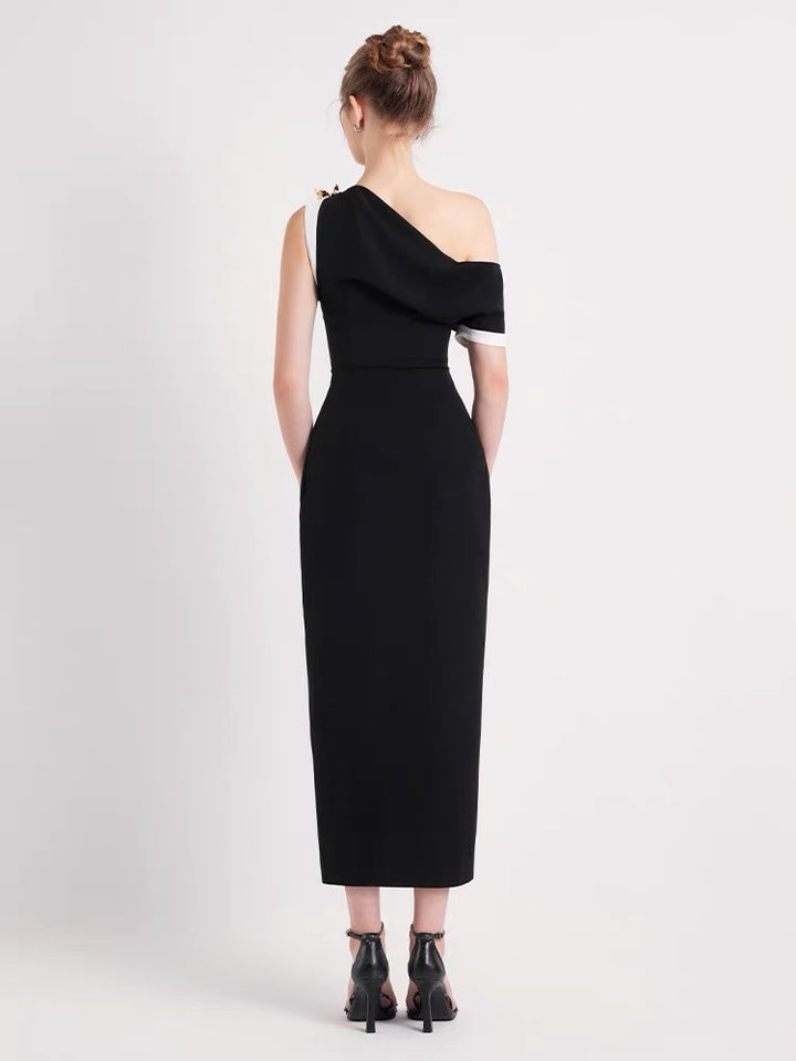 One Shoulder Crepe Maxi Dress - Black