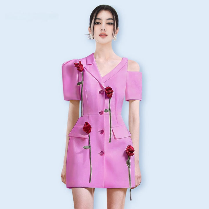 Elegant 3D Rose Asymmetrical Shoulder Dress | Unique Summer Fashion