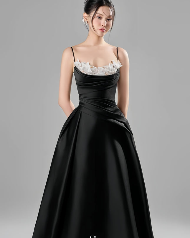 Off Shoulder Crepe Flowy Dress - Black