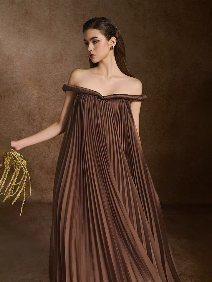 Vintage Elegant Dark Brown Pleated Dress