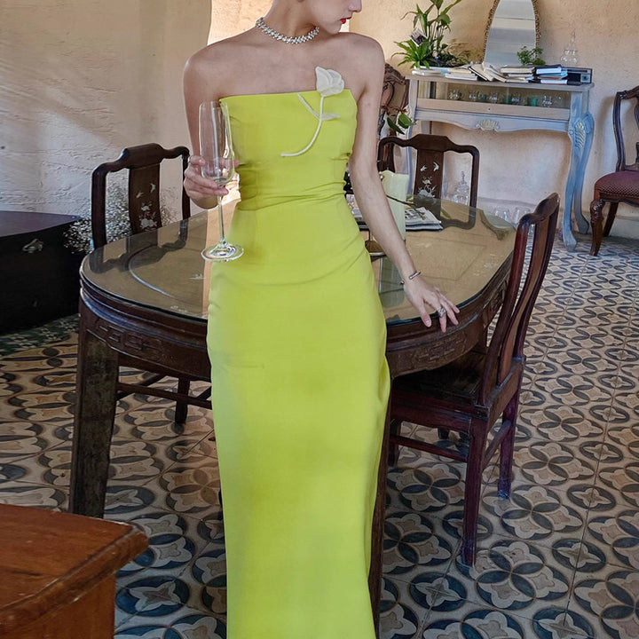 Lemon Yellow Strapless Evening Dress | French Luxury Side Slit Design