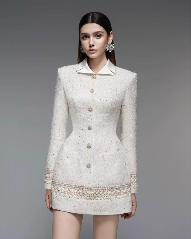 Lace-trimmed Flannel A-line Dress - White
