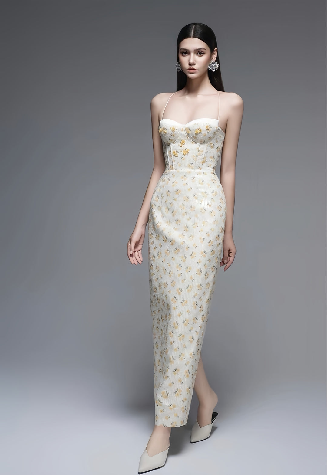 Floral Satin Maxi Dress - Ivory