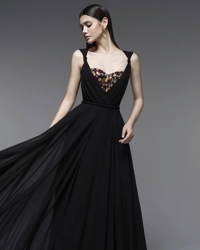 Black Petal Crepe Maxi Dress with Butterfly Embroidery