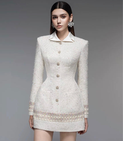 Lace-trimmed Flannel A-line Dress - White