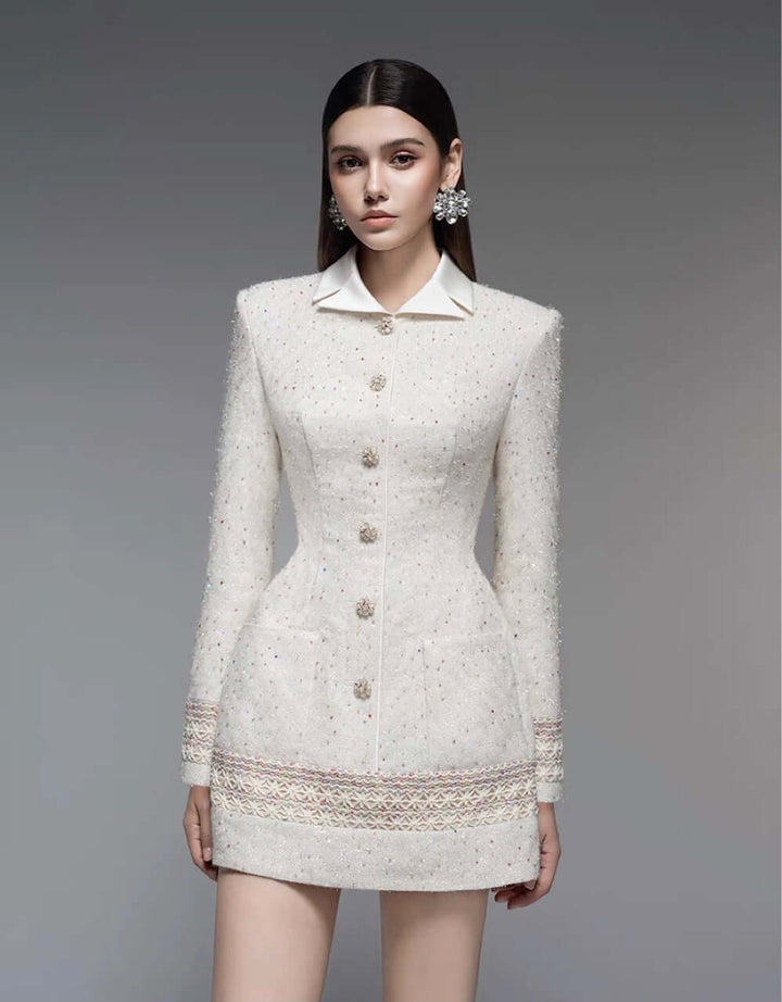 Lace-trimmed Flannel A-line Dress - White