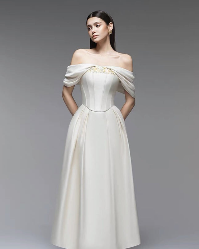 Off Shoulder Crepe Floor-Length Dress - White