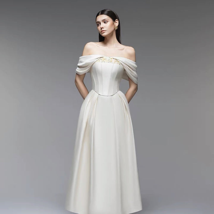 Off Shoulder Crepe Floor-Length Dress - White