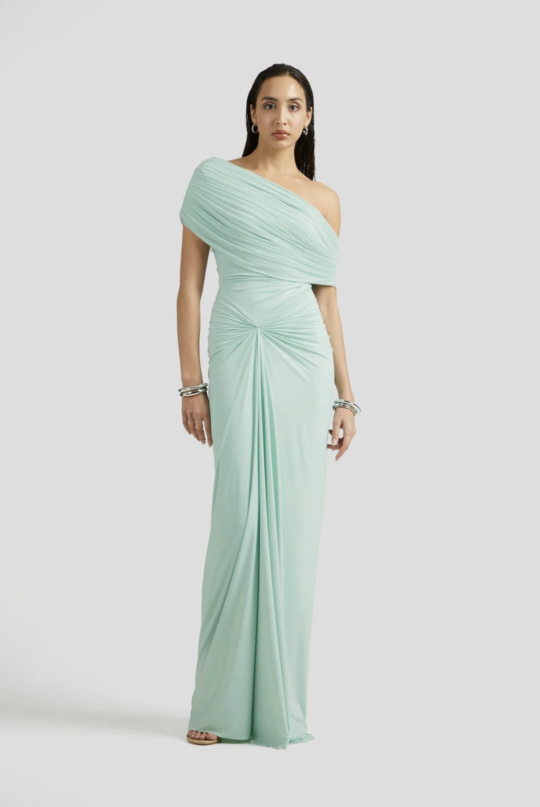 Green One-Shoulder Pleated Fitted Floor-Length Dress