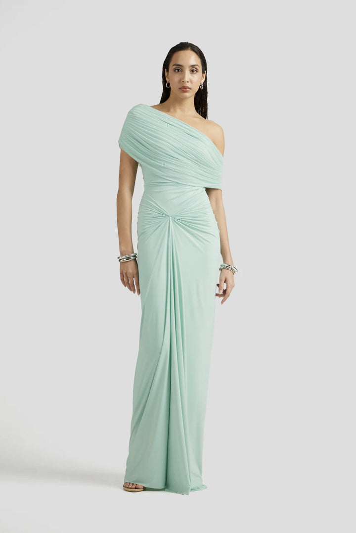 Green One-Shoulder Pleated Fitted Floor-Length Dress