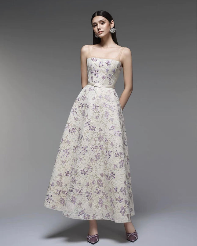 Off Shoulder Lace Flowy Dress - Lavender