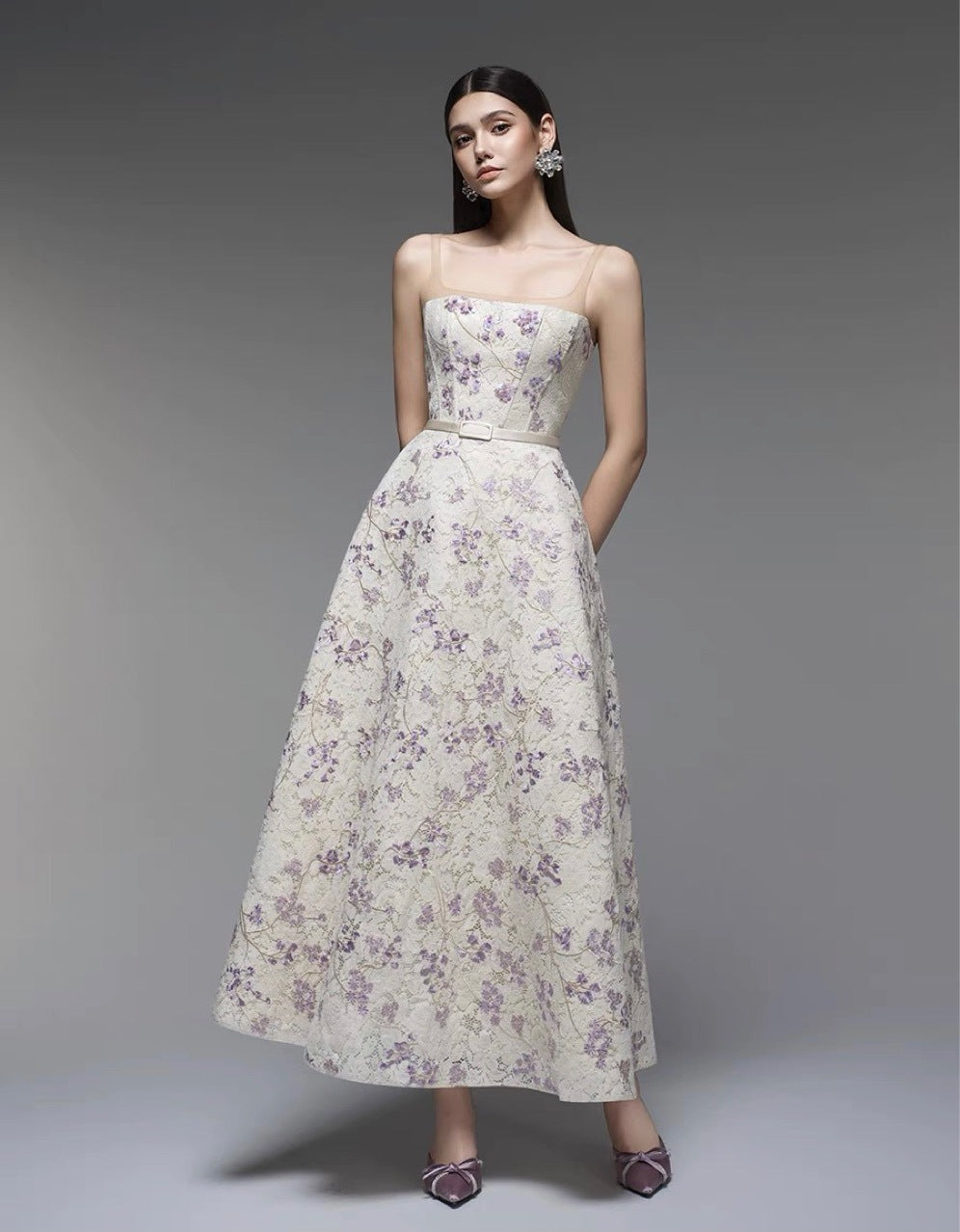 Off Shoulder Lace Flowy Dress - Lavender