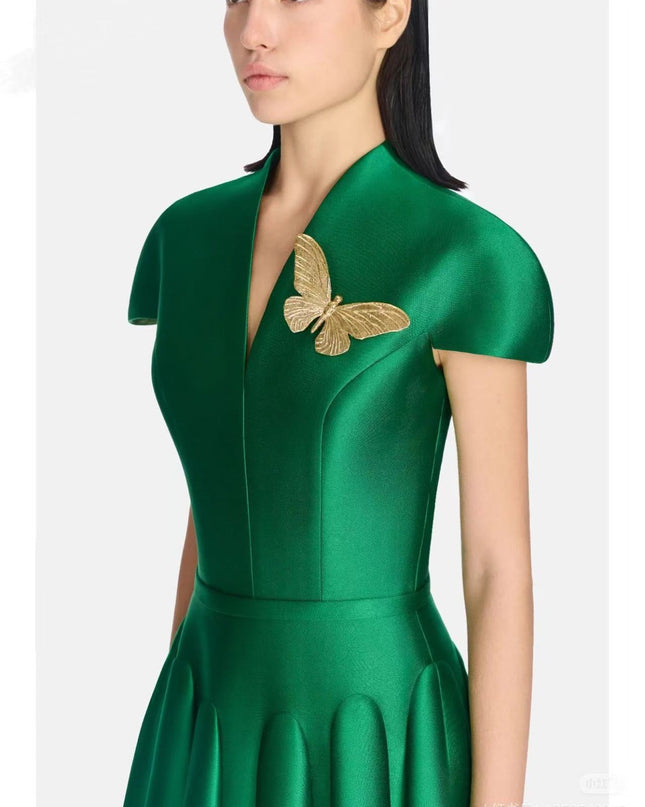 V-neck Crepe Fitted Waist Dress - Green