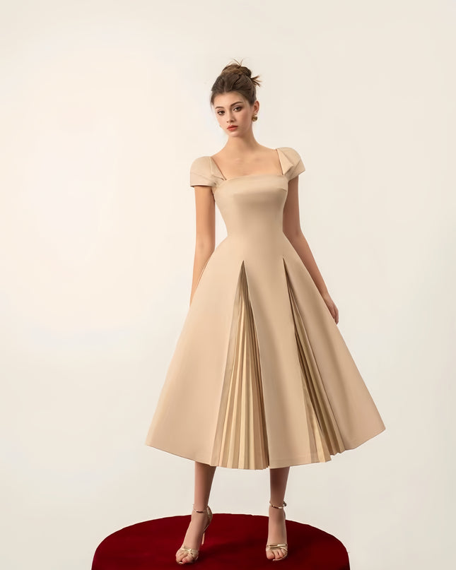 Cinched Crepe Pleated Dress - apricot