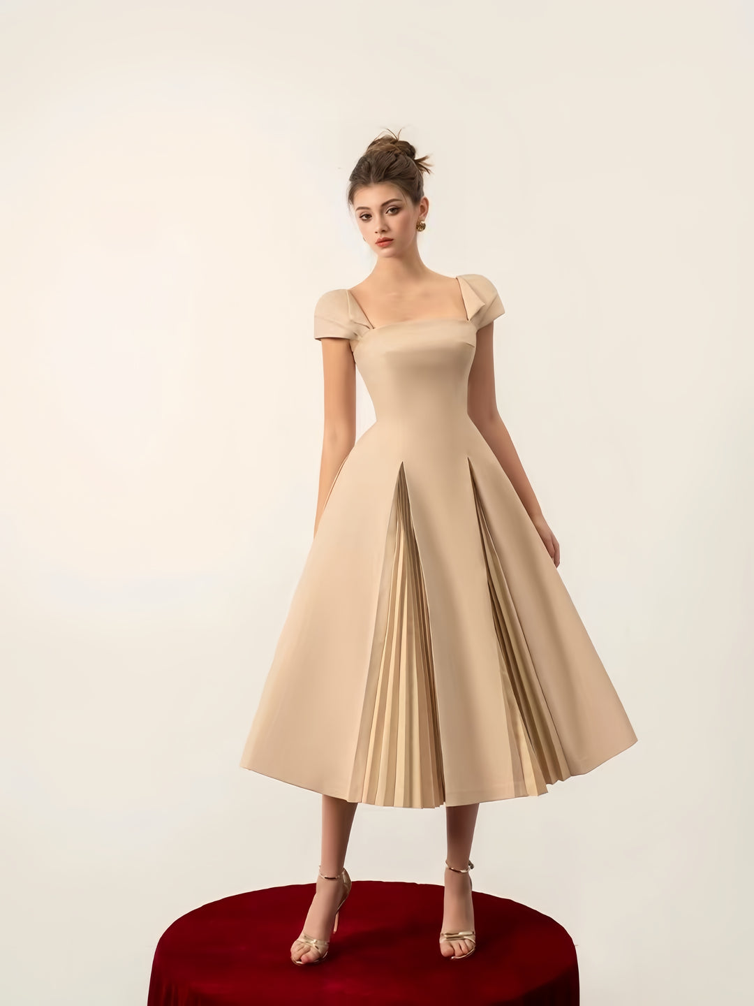 Cinched Crepe Pleated Dress - apricot