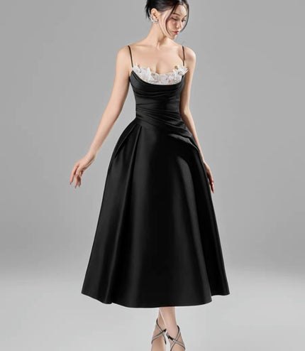 Off Shoulder Crepe Flowy Dress - Black