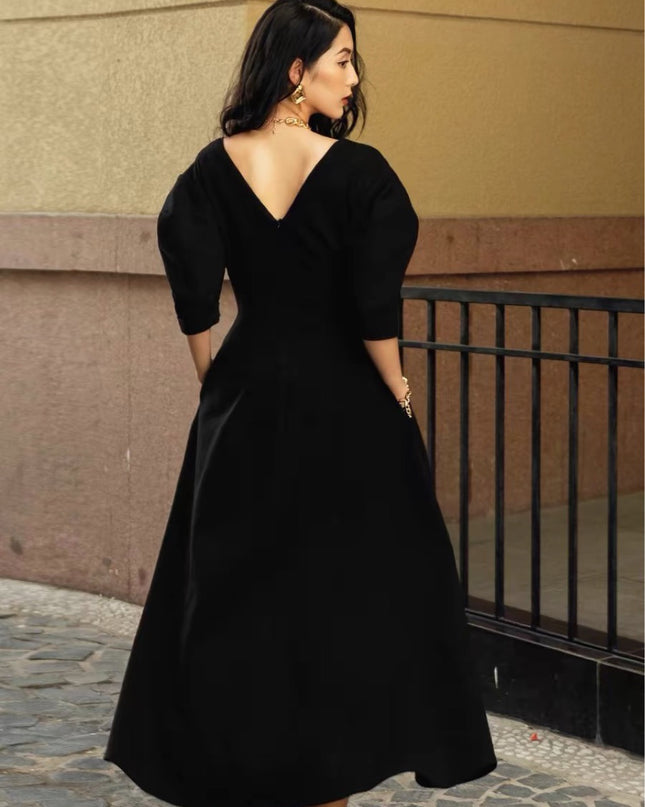 V-neck Chiffon Midi Dress - Black