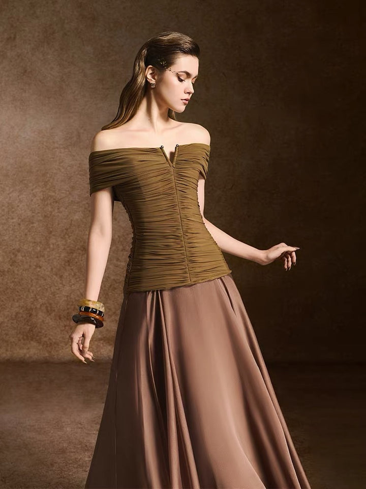 Elegant Beige Sleeveless Dress with Pleated Design and Gold Buttons