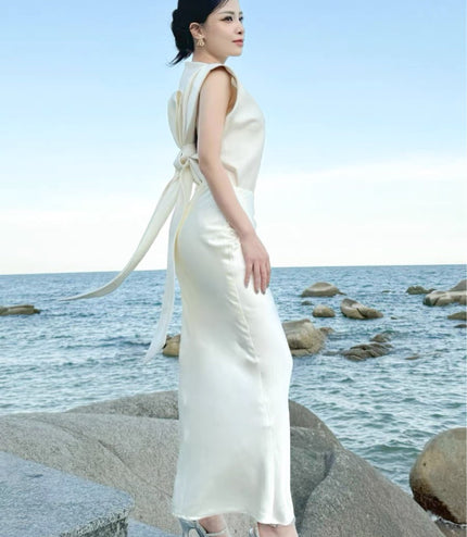 Floral Short Sleeve Silk Dress - White