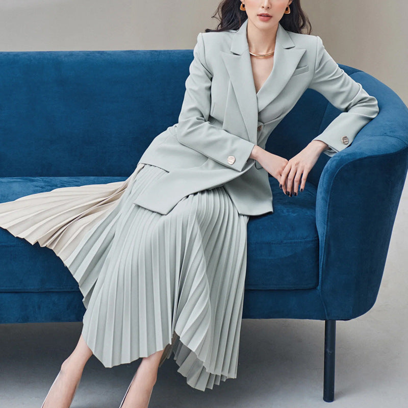 Elegant Dress with Pleated Hem & Blazer | Autumn Fashion