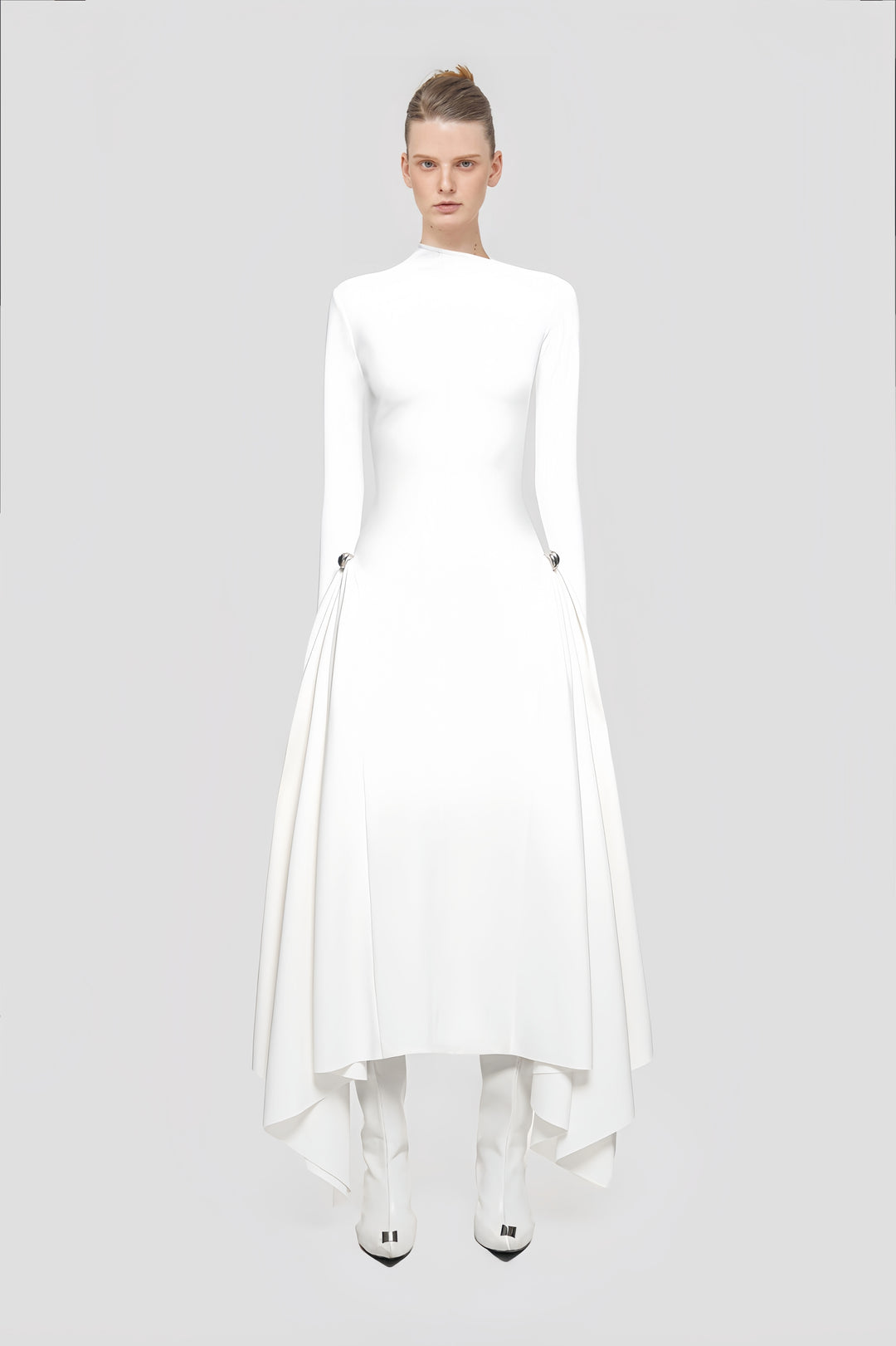 High-Waisted Asymmetrical Full-Sleeve Dress - Deep Green