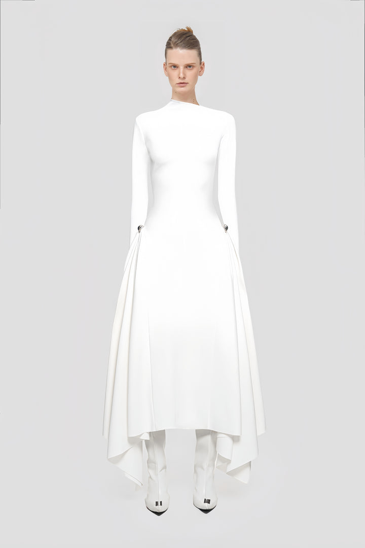 High-Waisted Asymmetrical Full-Sleeve Dress - Deep Green