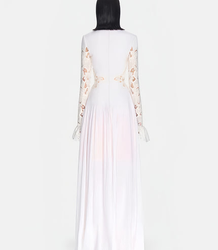 High-Neck Lace Pleated Dress - White