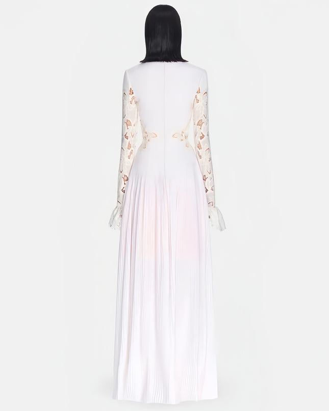 High-Neck Lace Pleated Dress - White