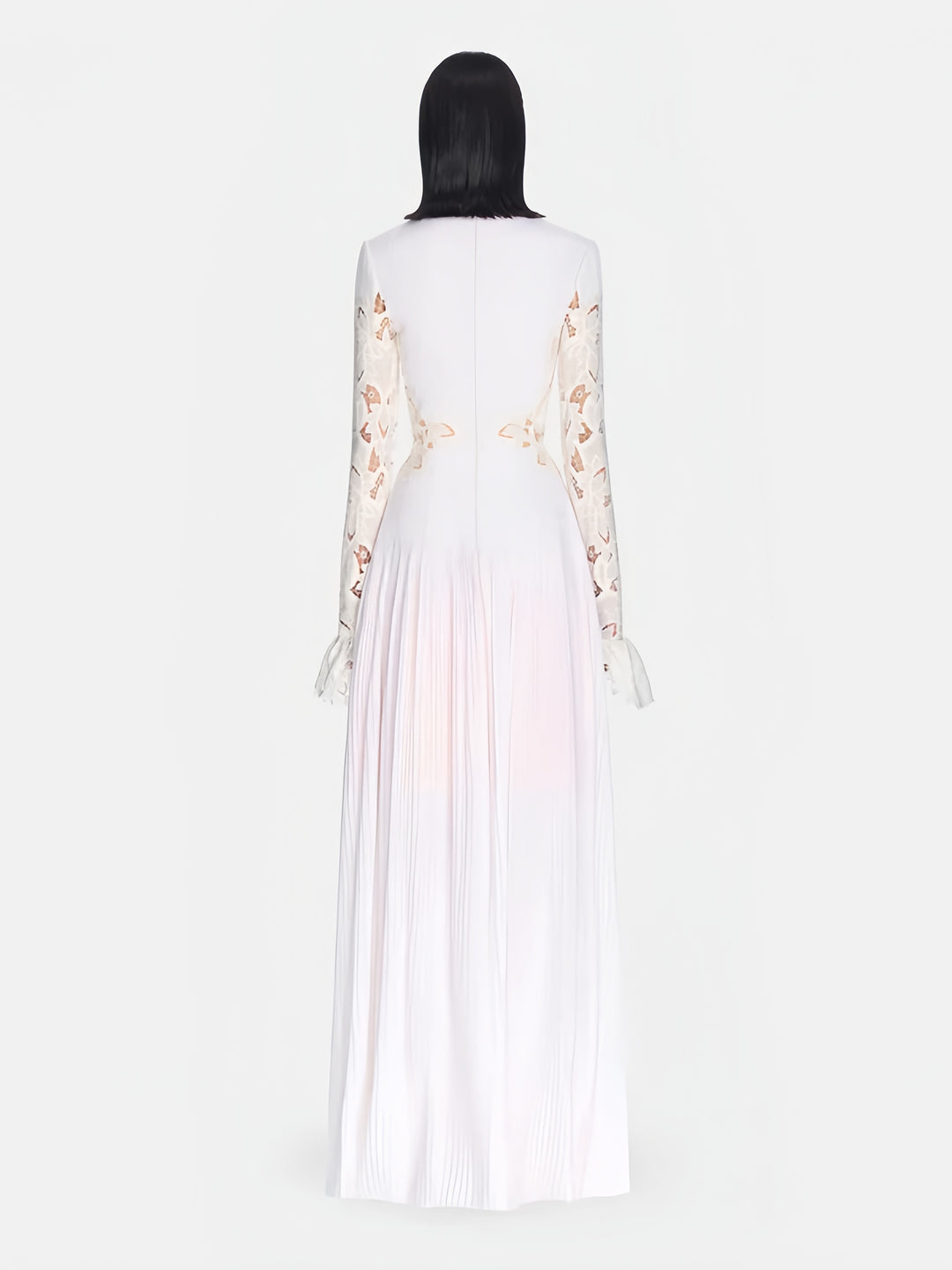High-Neck Lace Pleated Dress - White